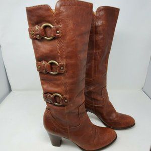 Frye Fiona Wine Leather Triple Strap Harness Detail Heels Boots X  Women US 7.5